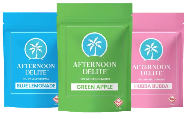 Missouri THC gummy packages in Blue Lemonade, Green Apple, and Hubba Bubba
