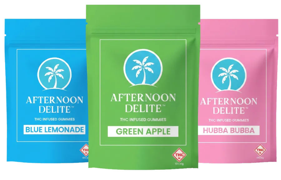 Afternoon Delite Missouri Blue Lemonade, Green Apple, and Hubba Bubba gummy packages