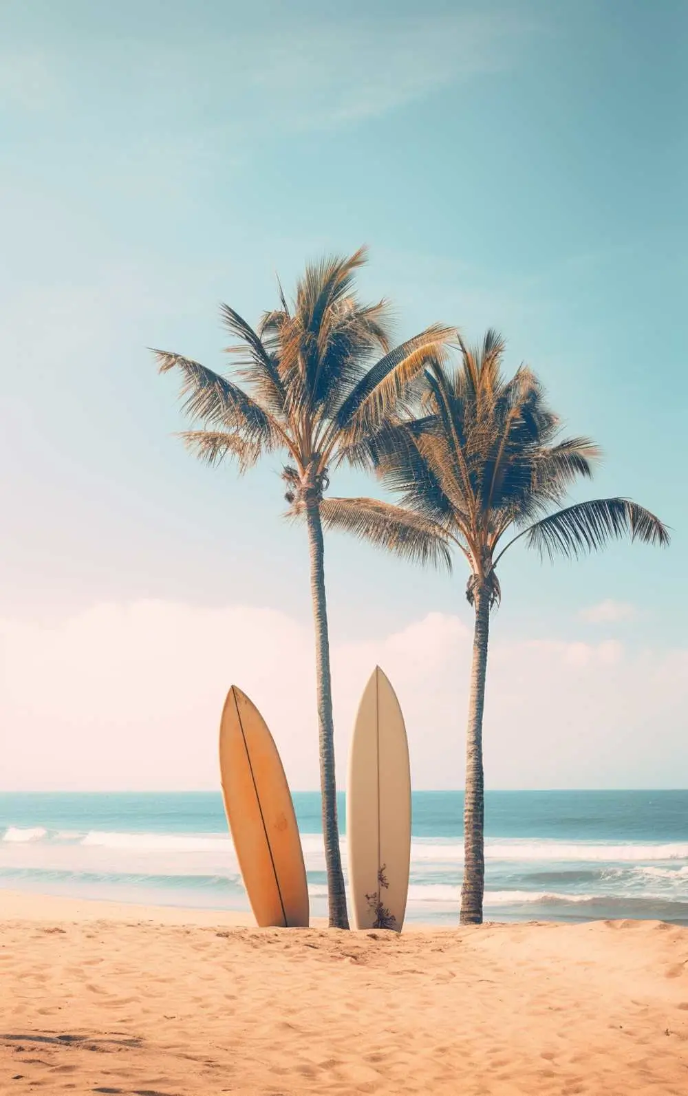 Surfboards beneath palm trees on a tropical beach